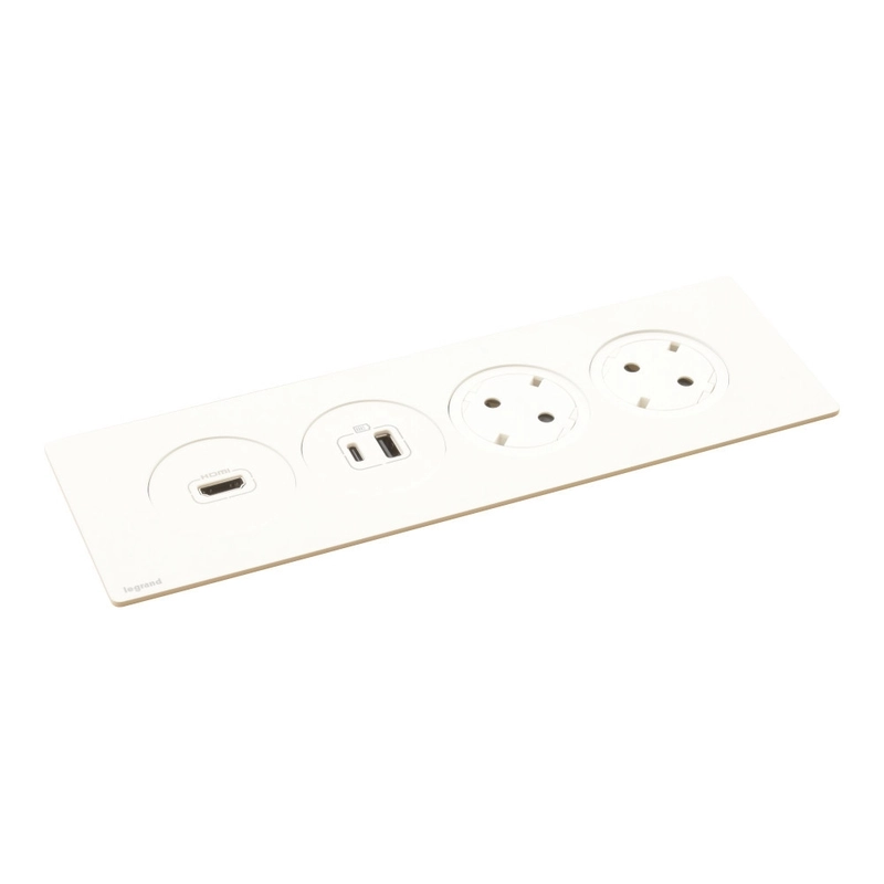 Модул за вграждане в мебел 4 Mодула 2x 2P+E Шуко, USB 15W тип A+C и и HDMI розетка, с кабел 2m, цвят Бял - Legrand Incara DisqIn 654748