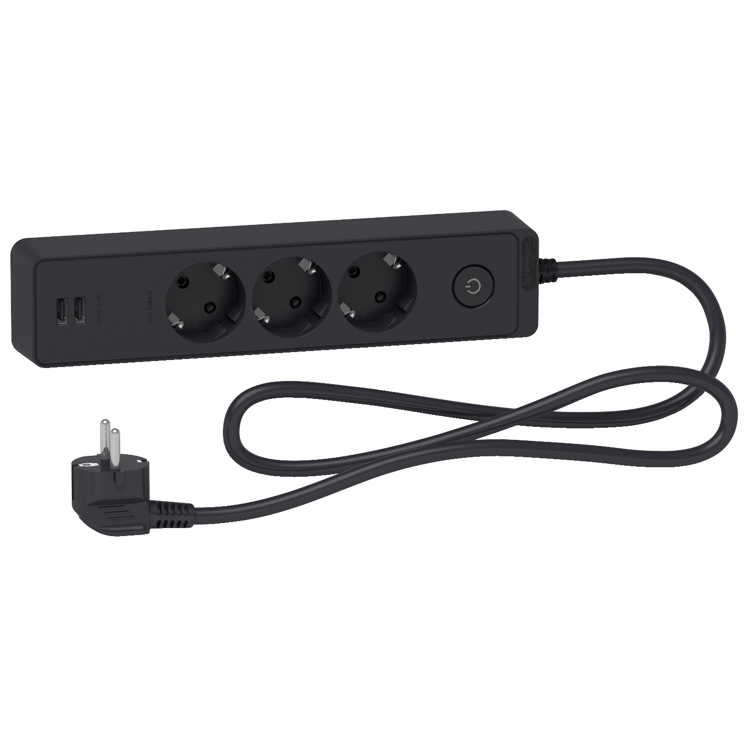 Разклонител шуко 3x 2P+E с 2x USB порт с ключ и и кабел 1.5m Антрацит - SCHNEIDER ELECTRIC Unica ST943U1B