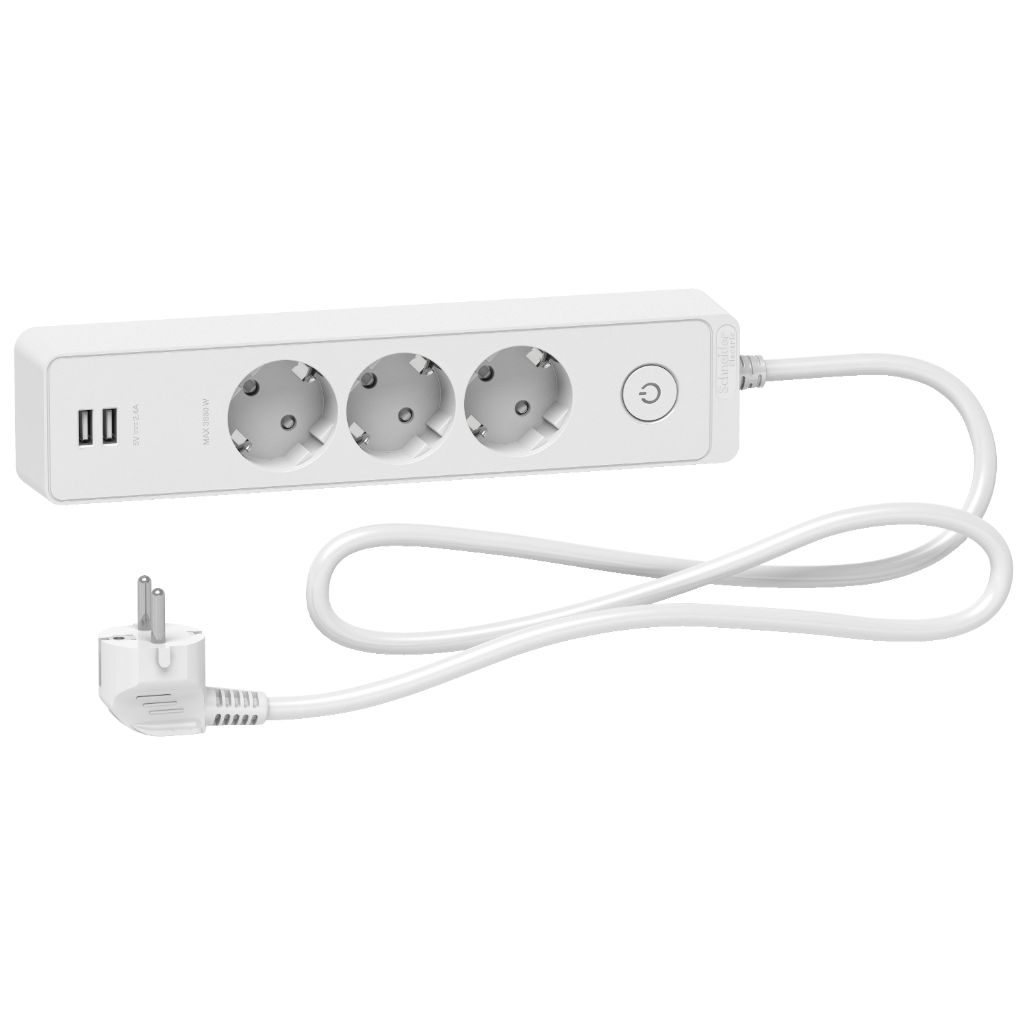 Разклонител шуко 3x 2P+E с 2x USB порт с ключ и и кабел 1.5m Бял - SCHNEIDER ELECTRIC Unica ST943U1W