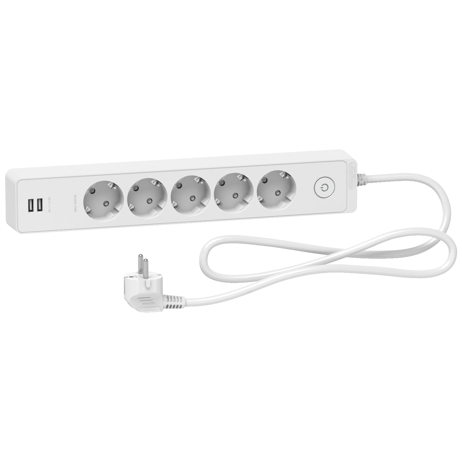 Разклонител шуко 5x 2P+E с 2x USB порт с ключ и кабел 1.5m Бял - SCHNEIDER ELECTRIC Unica ST945U1W