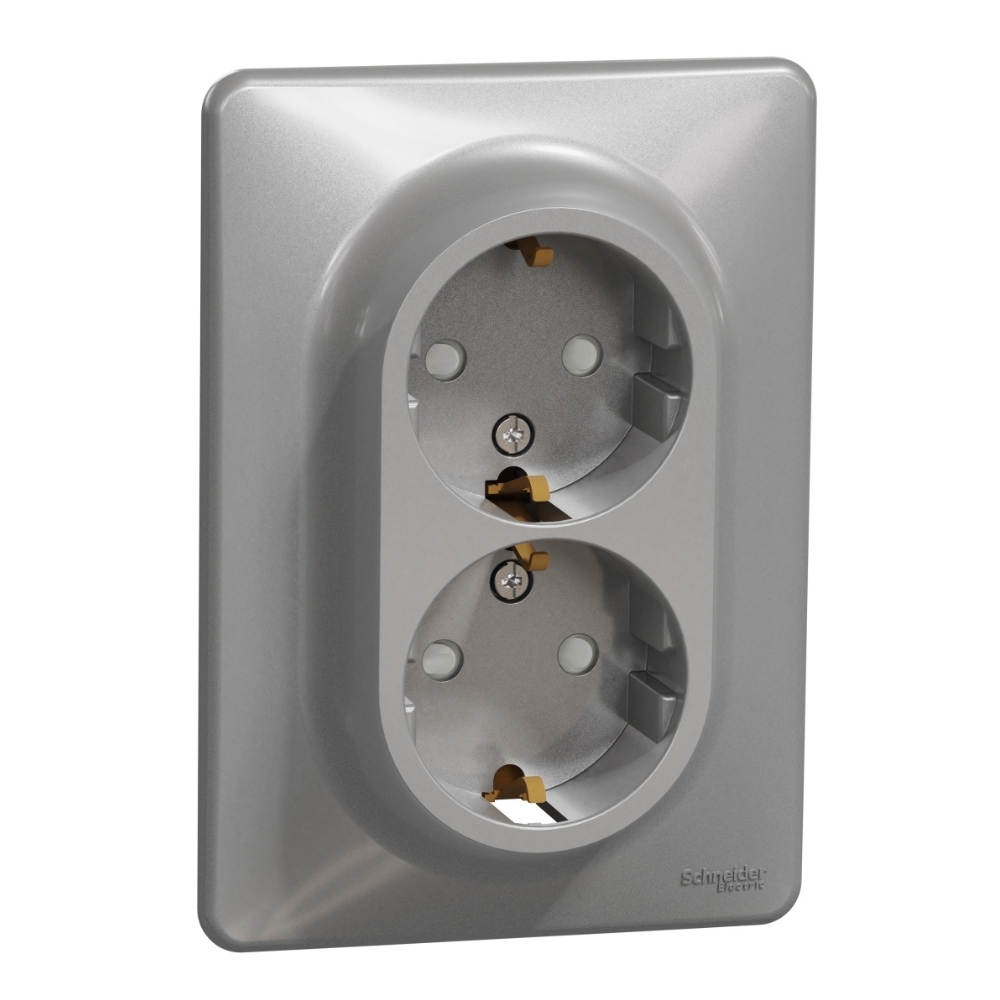 Двоен контакт Шуко 2P+E 16A детска защита с рамка Алуминий  - SCHNEIDER ELECTRIC Sedna Design SDD313221