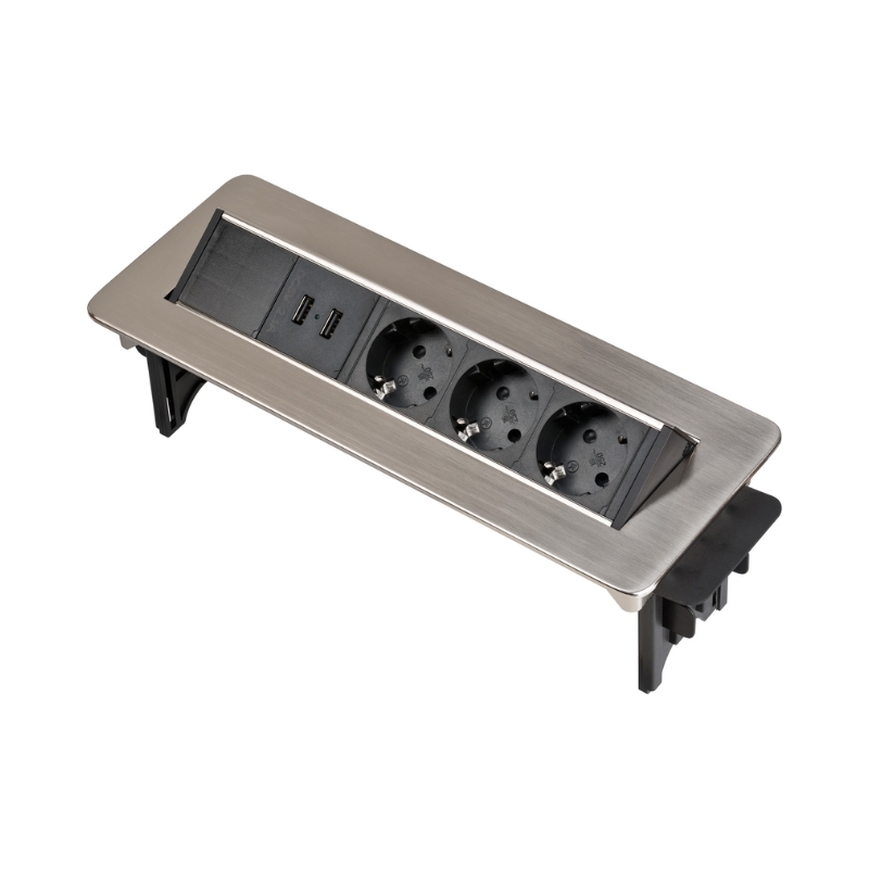 Мебелна кутия за вграждане 3x 2P+E Шуко и 2x USB тип А 2100mA, с кабел 2 m, цвят Черен/алуминий - Brennenstuhl Indesk Power BS1396200113