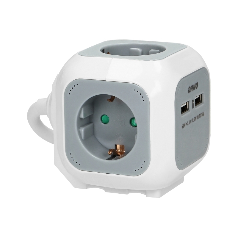Разклонител куб 4x 2P+E Шуко и 2x USB тип А 5VDC/2.1A, с кабел 1.4m, цвят Бял/сив - ORNO OR-AE-13144(GS)