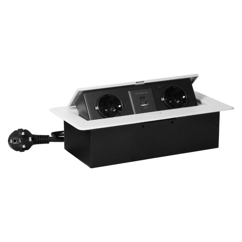 Мебелна кутия за вграждане 2x 2P+E Шуко и 2x USB A+C 3.6A 5V, с кабел 1.5m, цвят Бял