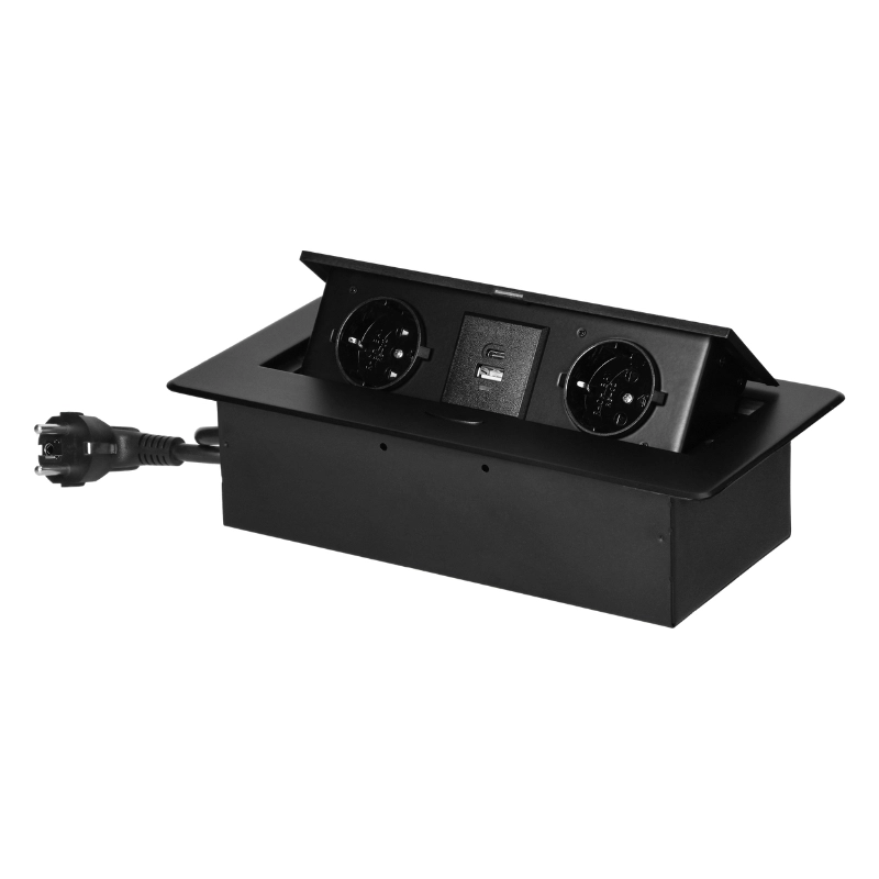 Мебелна кутия за вграждане 2x 2P+E Шуко и 2x USB A+C 3.6A 5V, с кабел 1.5m, цвят Черен