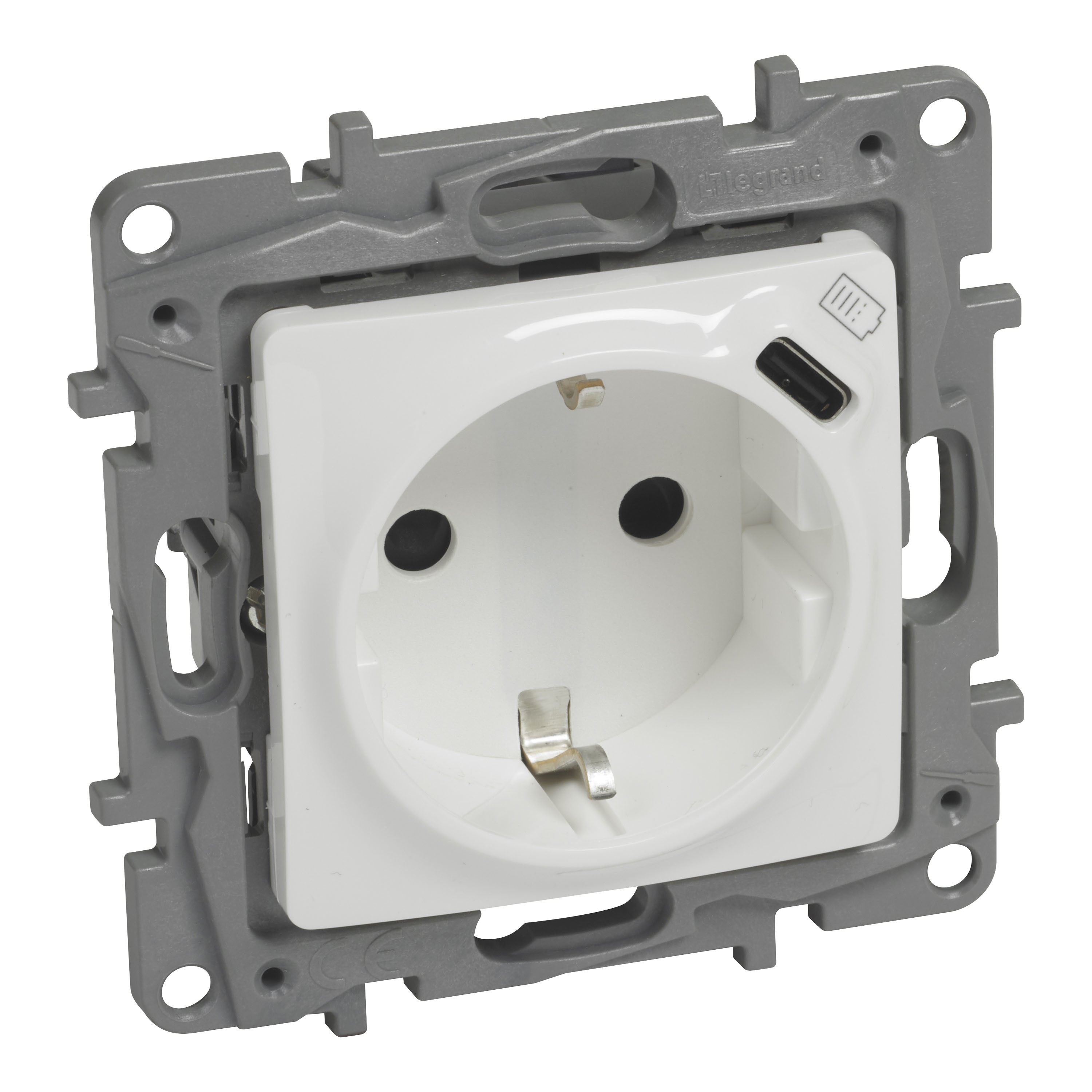 Контакт шуко 2P+E 16А + USB тип C 1.5A 7.5W Бял - Legrand Niloe 764535