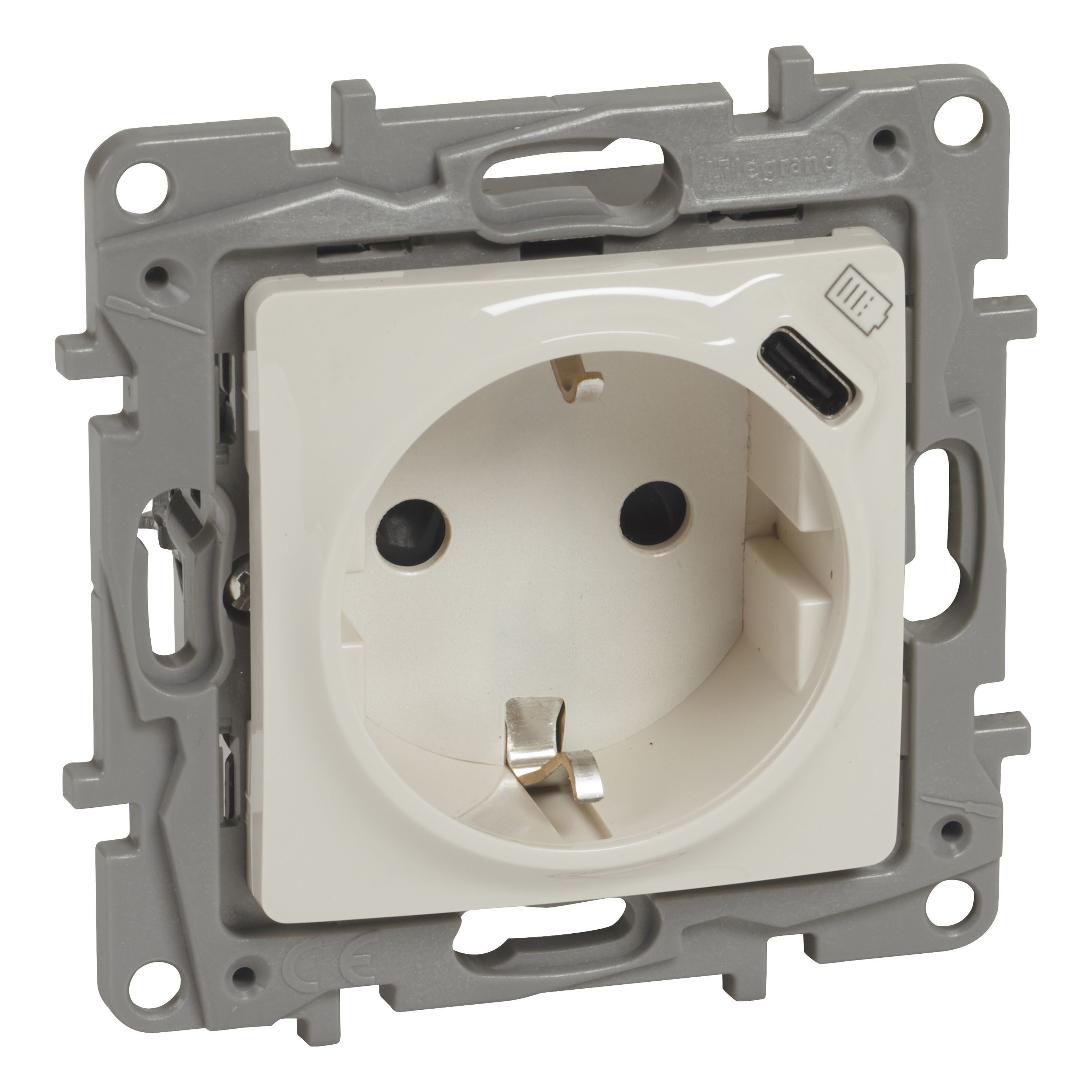 Контакт шуко 2P+E 16А + USB тип C 1.5A 7.5W Крем - Legrand Niloe 764635