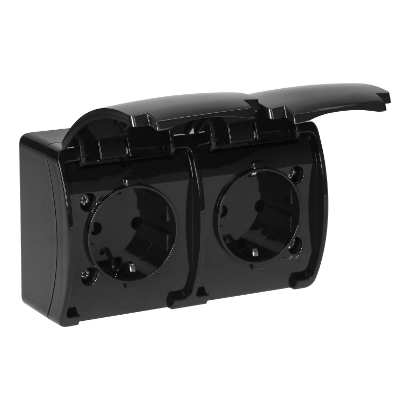 Контакт Шуко двоен 2x 2P+E ОМ 16A IP44 Черен