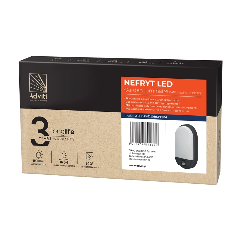 LED sconce with PIR, 10W 800lm 4000K, Ra>80, IP54, black - ORNO NEFRYT AD-OP-6110BLPMR4