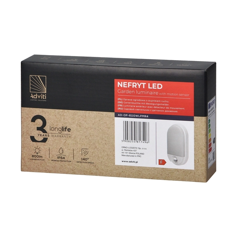 LED аплик-овал, с PIR, 10W 800lm 4000K, Ra>80, IP54, бял - ORNO NEFRYT AD-OP-6110WLPMR4