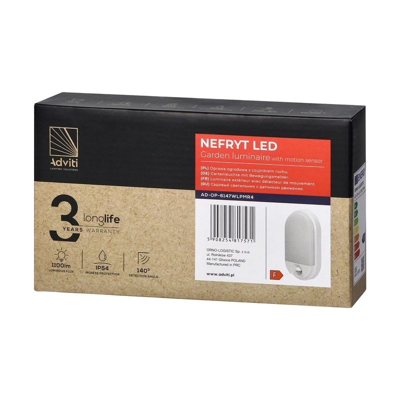 LED аплик-овал, с PIR, NEFRYT LED 15W 1100lm 4000K, Ra>80, IP54, бял