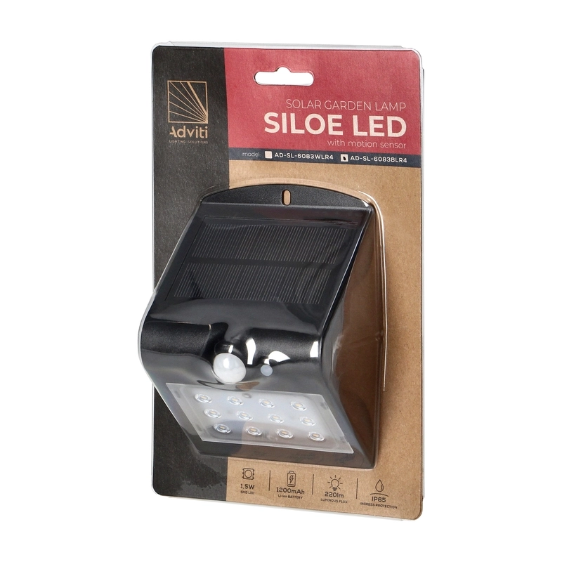 LED соларна лампа SILOE 1,5W 190lm , Ra>80, IP65, с PIR 120° , черен