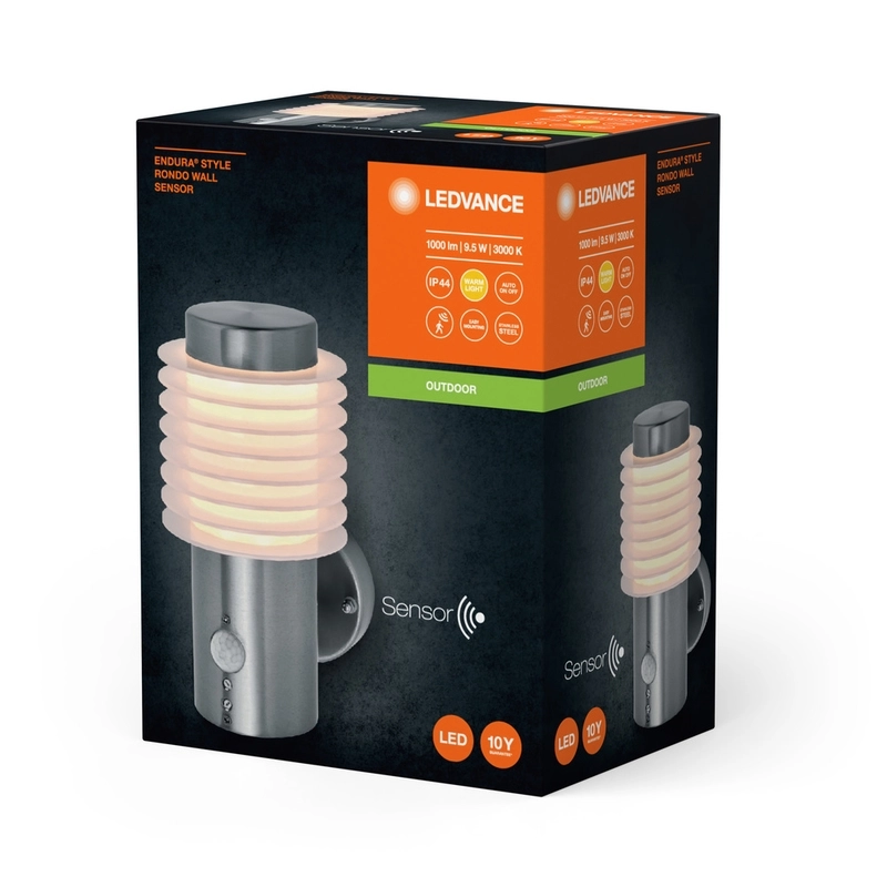 Фасаден осветител, ENDURA RONDO, с PIR, 9.5W 700lm 3000K Ra>80 120° 220V, монтаж Стена/Повърхностен, корпус Стомана /цвят Стомана, разсейвател PC, IP44 - LEDVANCE Endura Style Rondo Wall Sensor Stainless Steel LED835122