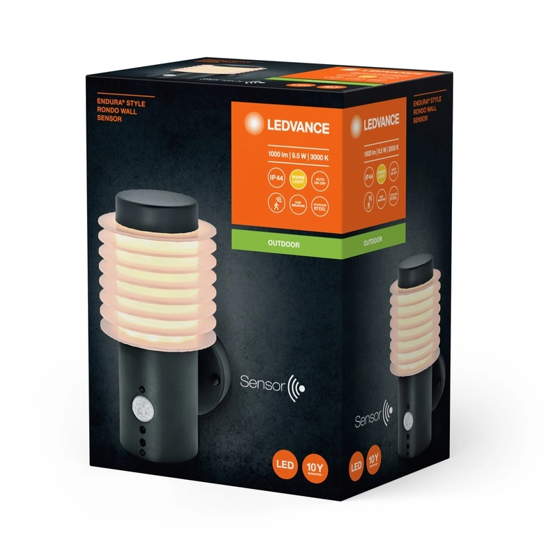 Фасаден осветител, ENDURA RONDO, с PIR, 9.5W 700lm 3000K Ra>80 120° 220V, монтаж Стена/Повърхностен, корпус Стомана /цвят Тъмно сив, разсейвател PC, IP44 - LEDVANCE Endura Style Rondo Wall Sensor Dark Gray LED835160