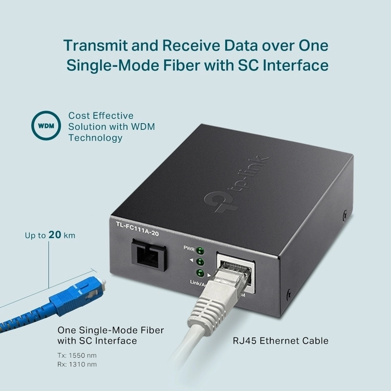 Медиен конвертор, 10/100 Mbps WDM 20км, SC конектор, Сингъл мод - TP-Link TL-FC111A-20