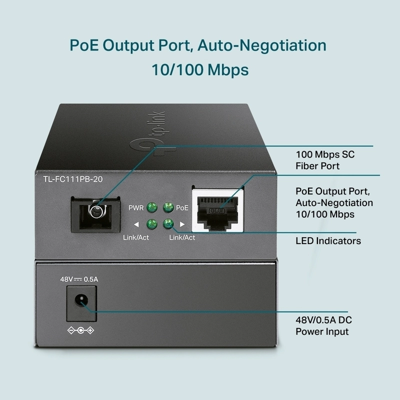 Медиен конвертор, 10/100 Mbps WDM 20км, 1 Poe порт, SC конектор, Сингъл мод  - TP-Link TL-FC111PB-20