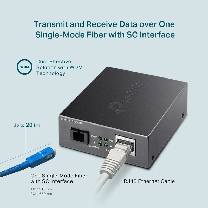 Медиен конвертор, 10/100 Mbps WDM 20км, 1 Poe порт, SC конектор, Сингъл мод  - TP-Link TL-FC111PB-20