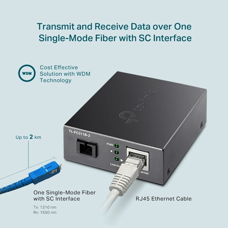 Медиен конвертор, 10/100/1000 Mbps WDM 2км, SC конектор, Сингъл мод - TP-Link TL-FC311B-2