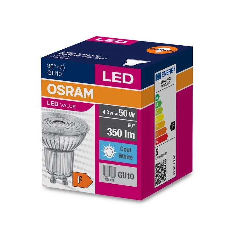 LED лампа, рефлекторна Тип PAR16 4,3W 350lm 4000K 220V GU10 Ra≥80 36°  недимируема - OSRAM LED VALUE PAR16 LED055155