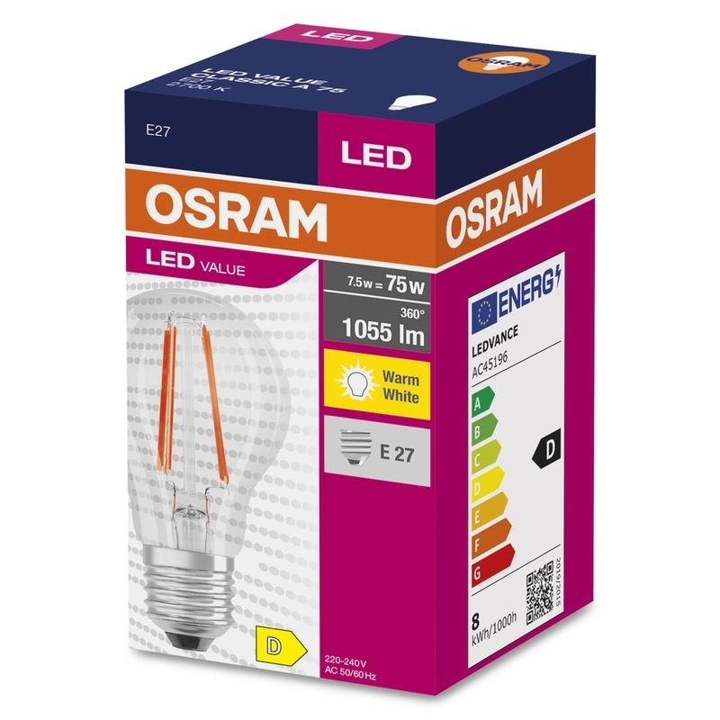 LED лампа Тип A 7.5W 1055lm 2700K 220V  Ra≥80 прозрачна, недимируема