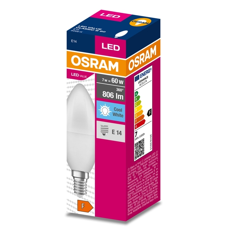 LED лампа Тип B 7W 806 lm 4000K 220V  E14 Ra≥80, овал, мат. недим - OSRAM LED VALUE CLASSIC B LED311886