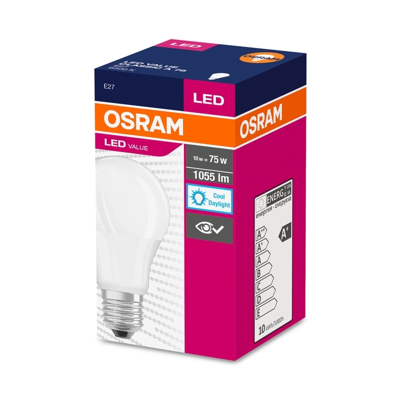 LED лампа Тип A 10W 1055lm 6500K 220V E27 Ra≥80 мат недимируема - OSRAM LED VALUE CLASSIC A LED971035