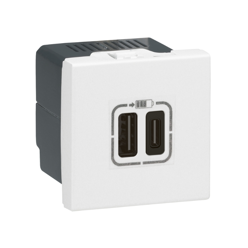 Розетка 2x USB тип A+C 15W 3A 2М Бял - Legrand Mosaic 77592