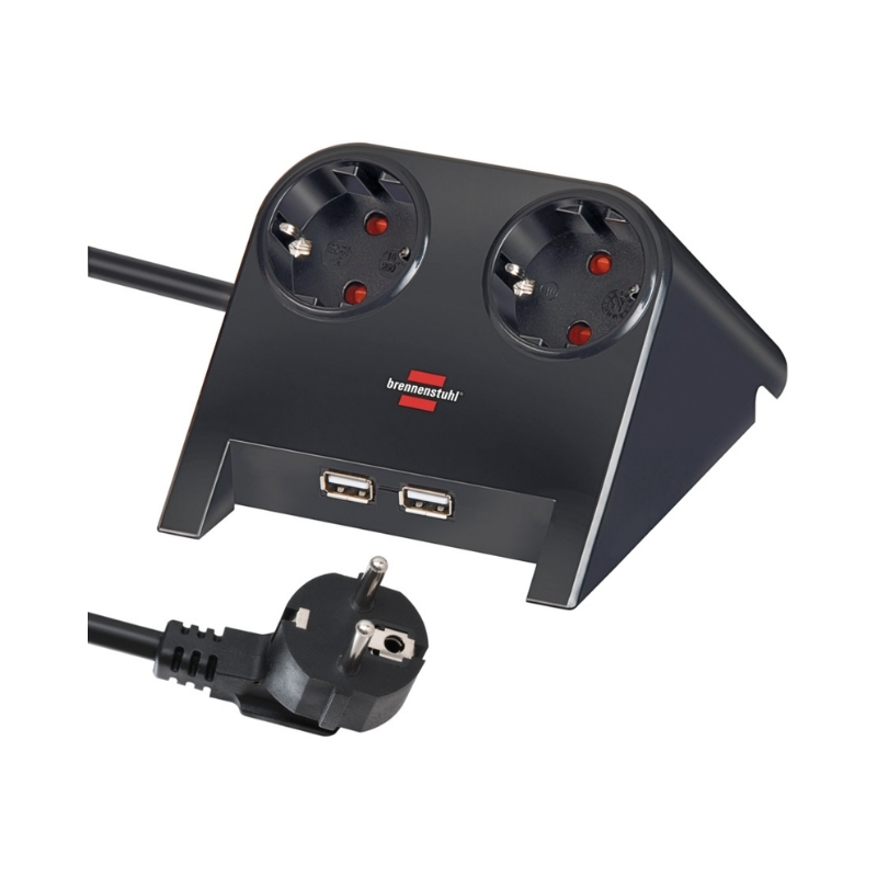 Разклонител Desktop Power 2x 2P+E Шуко и 2x USB A зареждане 2100mA с кабел 1.8m Черен - Brennenstuhl Desktop Power BS1153500222