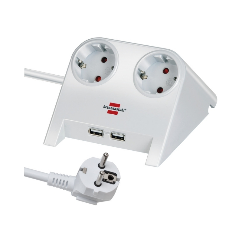Разклонител 2x 2P+E Шуко и 2x USB A зареждане 2100mA с кабел 1.8m Бял - Brennenstuhl Desktop Power BS1153520222