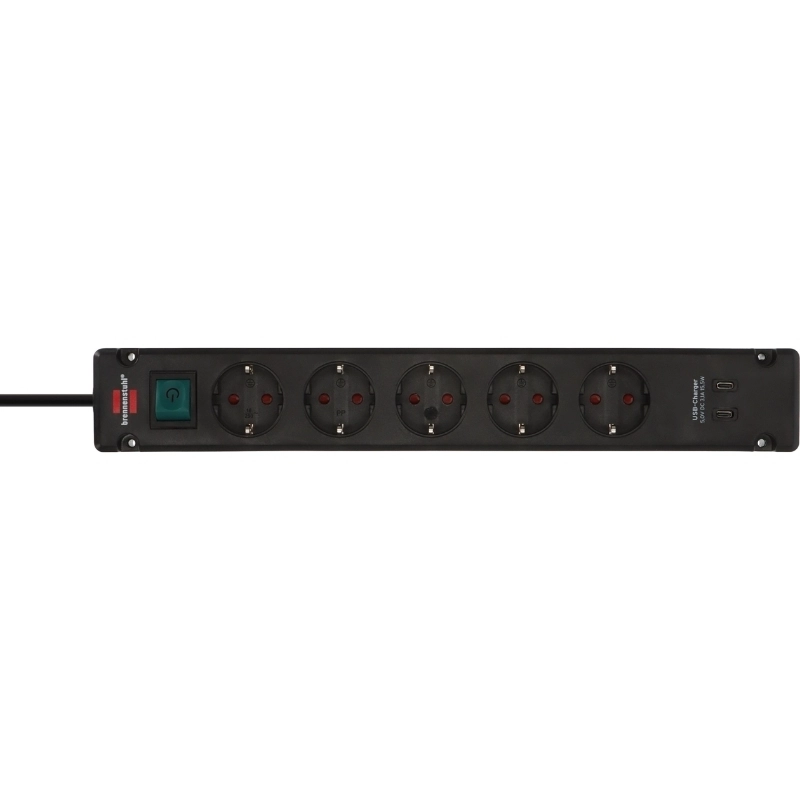 Разклонител 5x 2P+E и 2x USB C 3100mA 15.5W Bremounta стенен монтаж с ключ и кабел 3m Черен