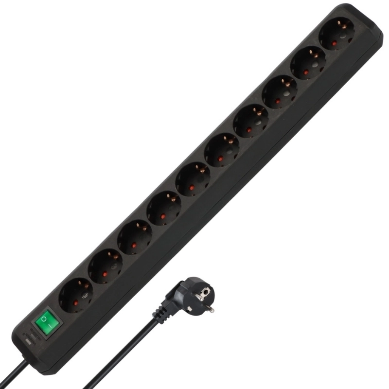 Разклонител 10x 2P+E Eco-line с ключ и кабел 3m Черен