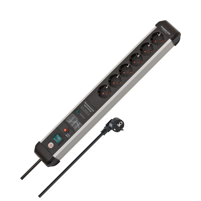 Разклонител 6x 2P+E Premium-Protect-Line защита от претоварване 60.000A ключ и кабел 3m Сребрист/черен