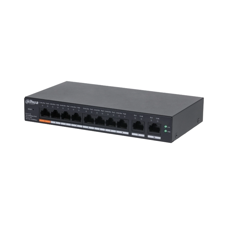 10 портов мрежов комутатор Layer 2 с 8 x PoE 60W 2 x 2 × RJ-45 10/100/1000 Mbps (uplink) DAHUA CS4010-8ET-60