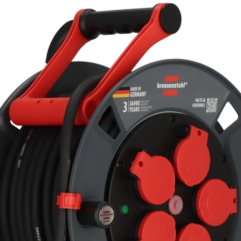 Кабелна макара Profi KU 25m IP44 3G2.5 H07RN-F 5x 2P+E Шуко със самозатварящи се капаци термозащита с индикатор Черен - Brennenstuhl Profi KU BS9232250100