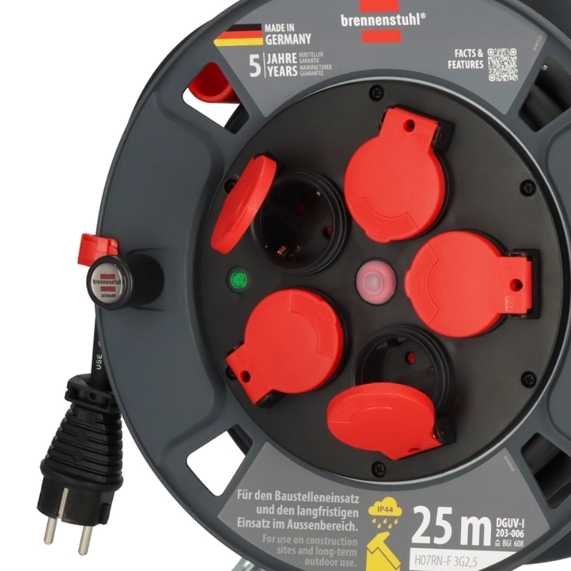 Кабелна макара Profi KU 25m IP44 3G2.5 H07RN-F 5x 2P+E Шуко със самозатварящи се капаци термозащита с индикатор Черен - Brennenstuhl Profi KU BS9232250100