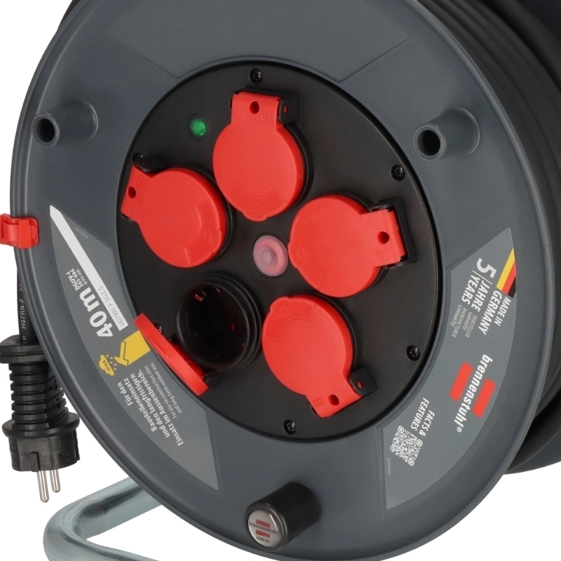 Кабелна макара Profi KU 40m IP44 3G2.5 H07RN-F 5x 2P+E Шуко със самозатварящи се капаци термозащита с индикатор Черен - Brennenstuhl Profi KU BS9232400100