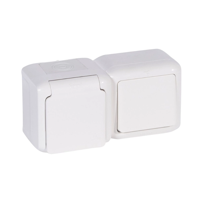Блок еднополюсен ключ с шуко 2P+E 16A с детска защита IP44 Бял - Legrand Forix 782371