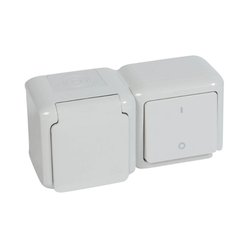 Блок двуполюсен ключ с шуко 2P+E 16A с детска защита IP44 Сив - Legrand Forix 782392
