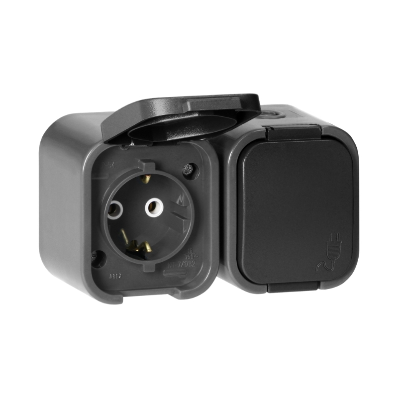 Контакт Шуко двоен ОМ 2x 2P+E 16A IP54 Сив/черен - Orno Series B2 OR-OE-7806(GS)/GB