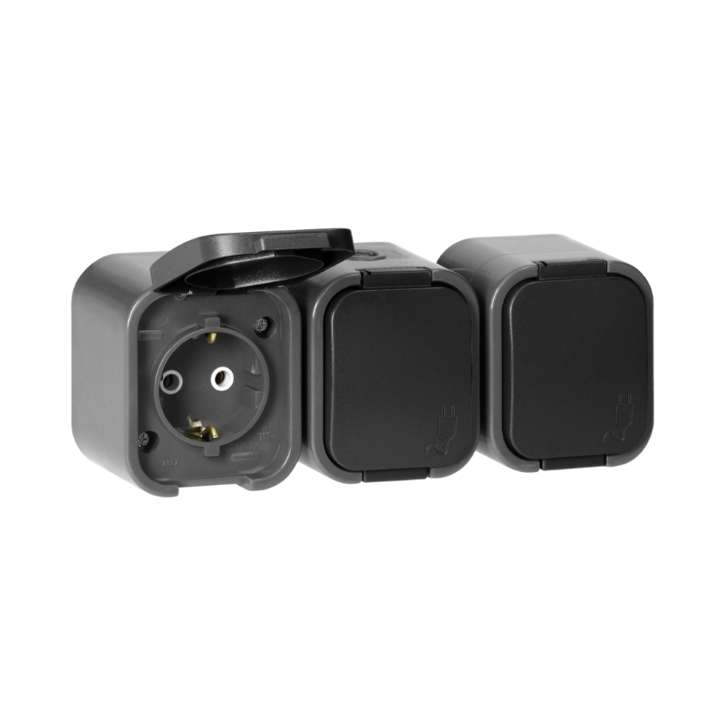 Контакт Шуко троен ОМ 3x 2P+E 16A IP54 Сив/черен - Orno Series B2 OR-OE-7809(GS)/GB