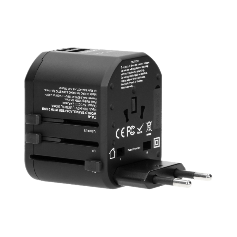 Преходен адаптер универсален USA/UK/EURO/AUS с 2x USB порт 5V 2.4A 100-240V 8A - Orno TA-6