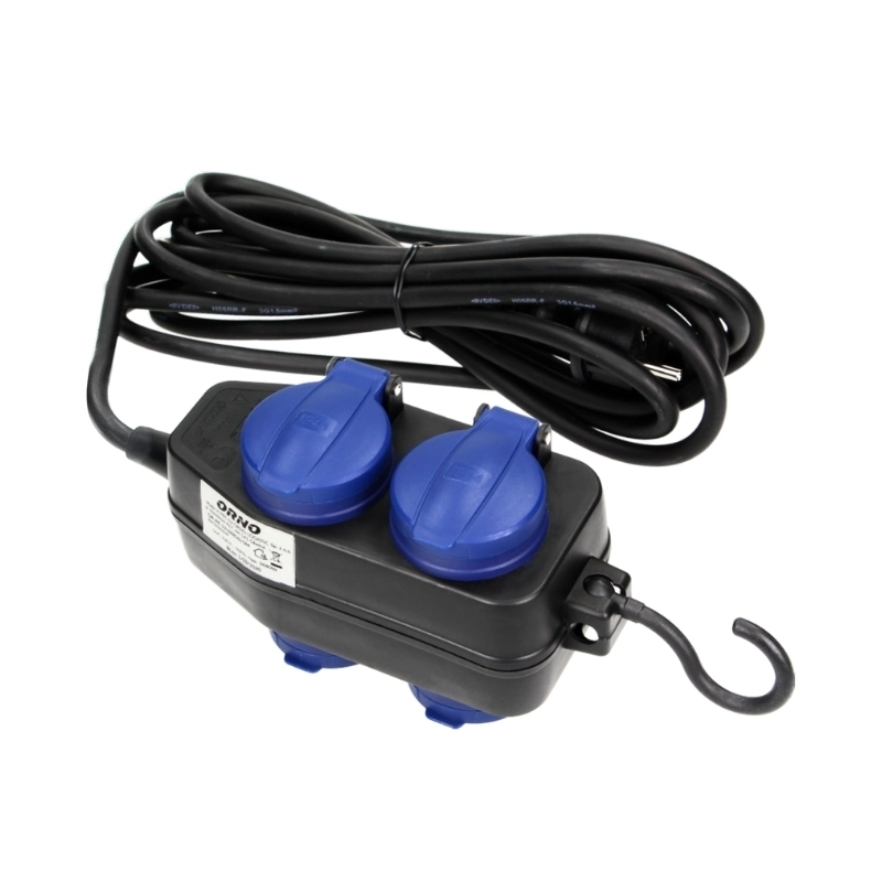 Разклонител Heavy-duty 2+2x 2P+E със защитни капаци и кука с кабел 5m IP44 Черен - Orno OR-AE-13160(GS)/5M