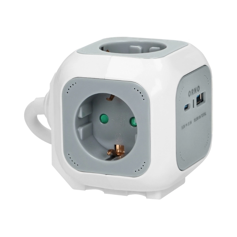Разклонител куб 4x 2P+E Шуко 2x USB тип A+C 15W 3A с кабел 1.4m Бял/сив - Orno OR-AE-13247(GS)/G