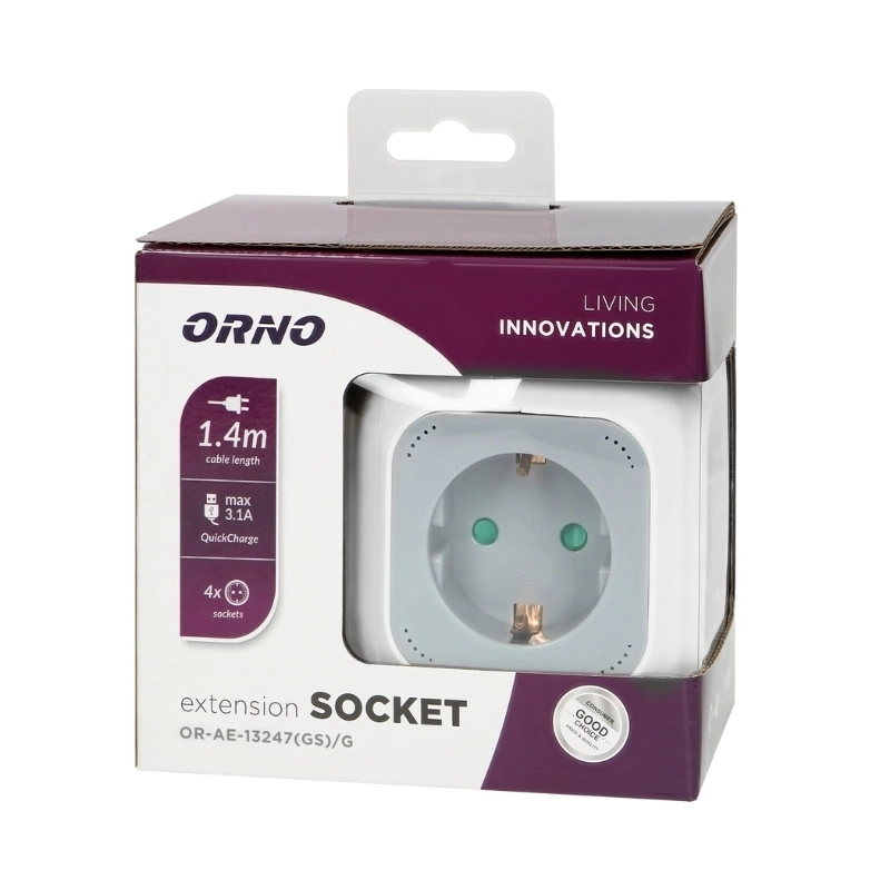 Разклонител куб 4x 2P+E Шуко 2x USB тип A+C 15W 3A с кабел 1.4m Бял/сив - Orno OR-AE-13247(GS)/G