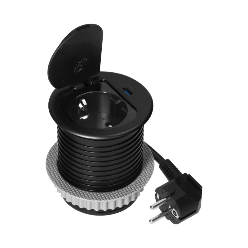 Модул за вграждане в мебел 2P+E Шуко в отвор Ø60mm и USB тип C max 20W с кабел 1.9 m Черен - Orno OR-GM-9040(GS)/B