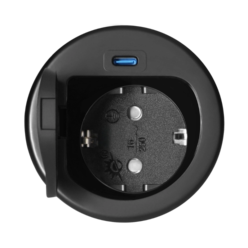 Модул за вграждане в мебел 2P+E Шуко в отвор Ø60mm и USB тип C max 20W с кабел 1.9 m Черен - Orno OR-GM-9040(GS)/B