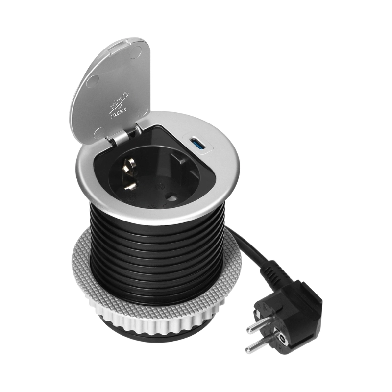 Модул за вграждане в мебел 2P+E Шуко в отвор Ø60mm и USB тип C max 20W с кабел 1.9 m Алуминий - Orno OR-GM-9040(GS)