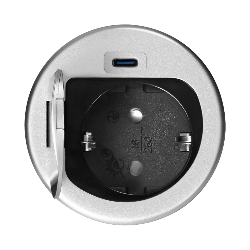 Модул за вграждане в мебел 2P+E Шуко в отвор Ø60mm и USB тип C max 20W с кабел 1.9 m Алуминий - Orno OR-GM-9040(GS)