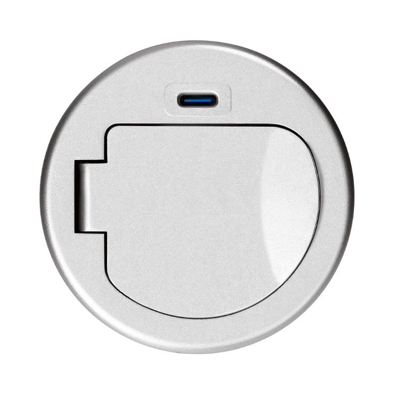 Модул за вграждане в мебел 2P+E Шуко в отвор Ø60mm и USB тип C max 20W с кабел 1.9 m Алуминий - Orno OR-GM-9040(GS)