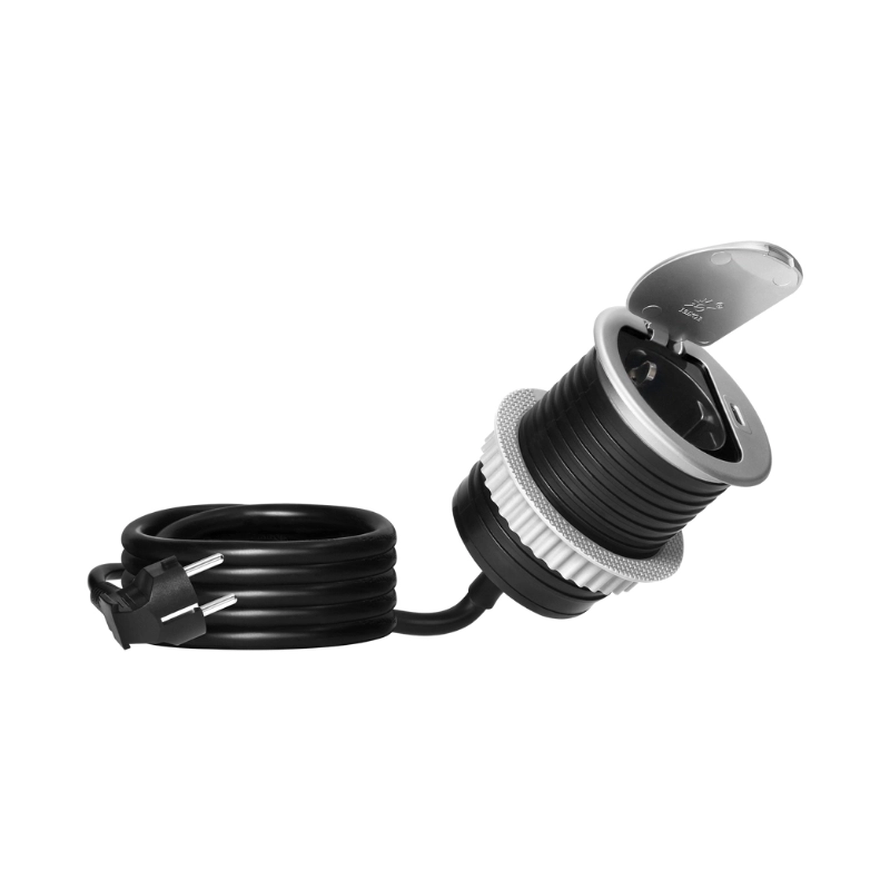 Модул за вграждане в мебел 2P+E Шуко в отвор Ø60mm и USB тип C max 20W с кабел 1.9 m Алуминий - Orno OR-GM-9040(GS)